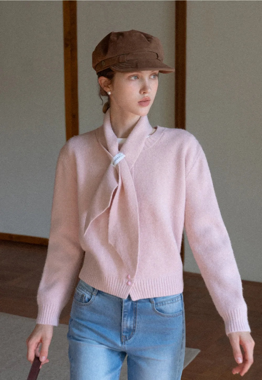 Scarf detailed knit cardigan